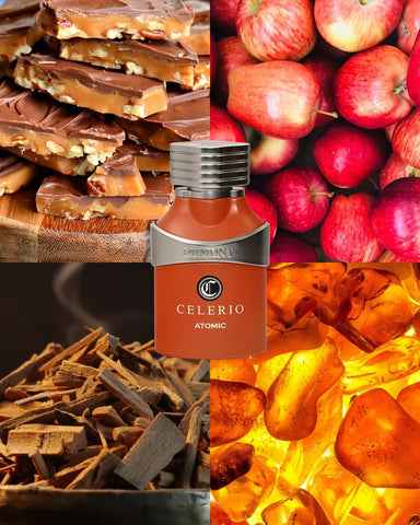 Celerio Atomic bottle surrounded by chocolate, caramel, and apple slices.